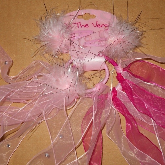 4 Pc Hair Ribbon Ponytail Pink Rhinestones Clip